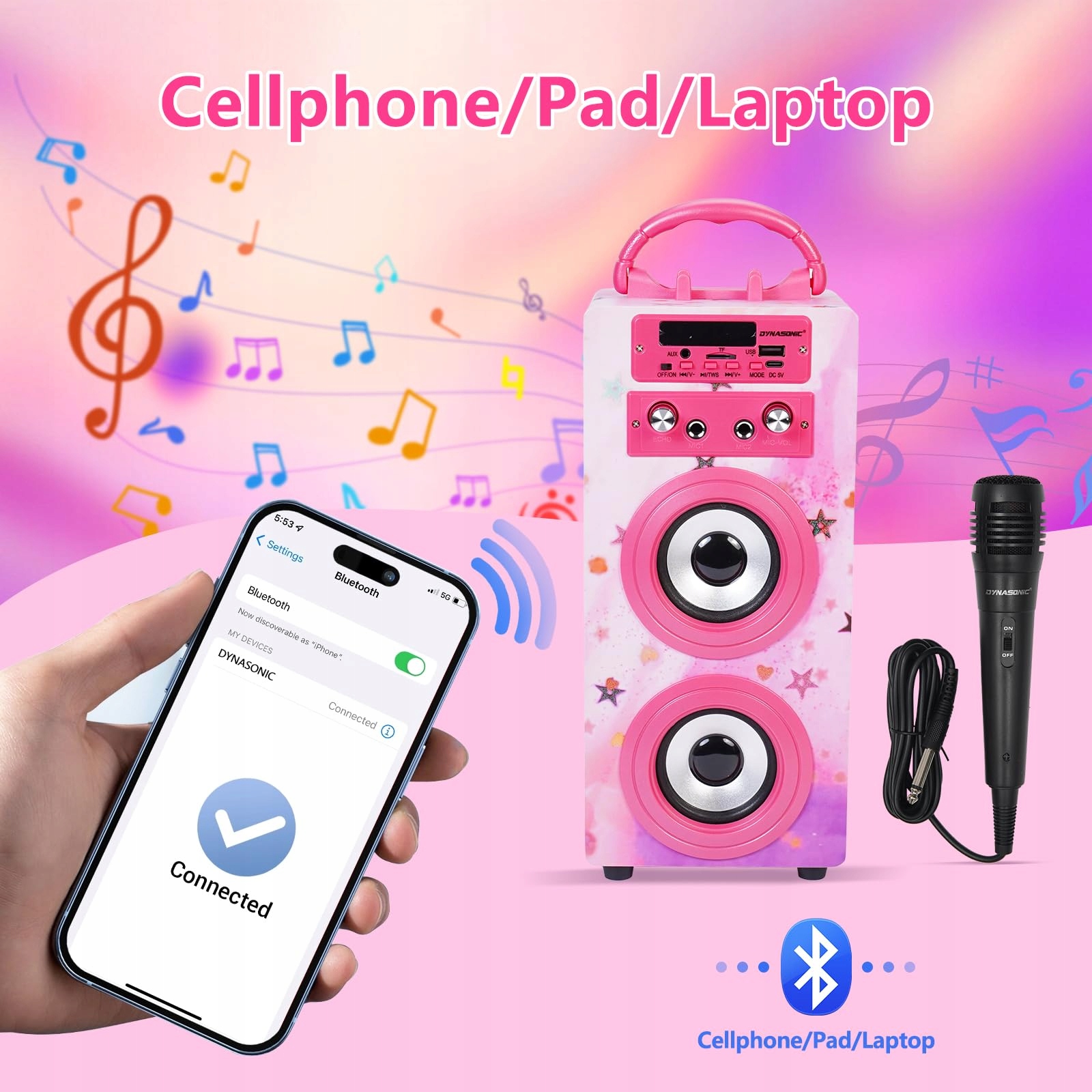 DYNASONIC Karaoke Z 2 Mikrofonami Przenośny Głośnik Bluetooth Dla Dzieci — miniatura 3