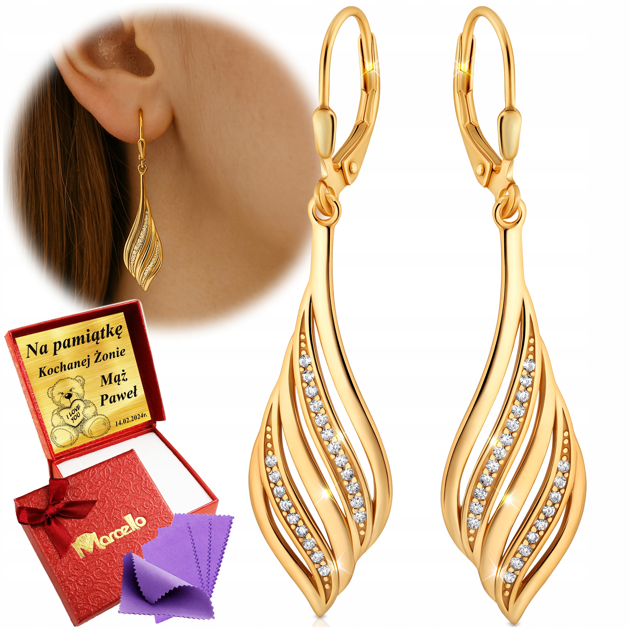 Złote Kolczyki Wiszące Dla Kobiety 925/585 Cyrkonie z Grawerem