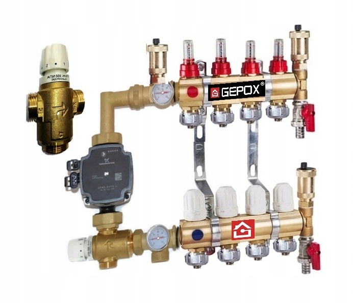 Rozdělovač pro podlahové vytápění, 4 okruhy, sekce s čerpadlem