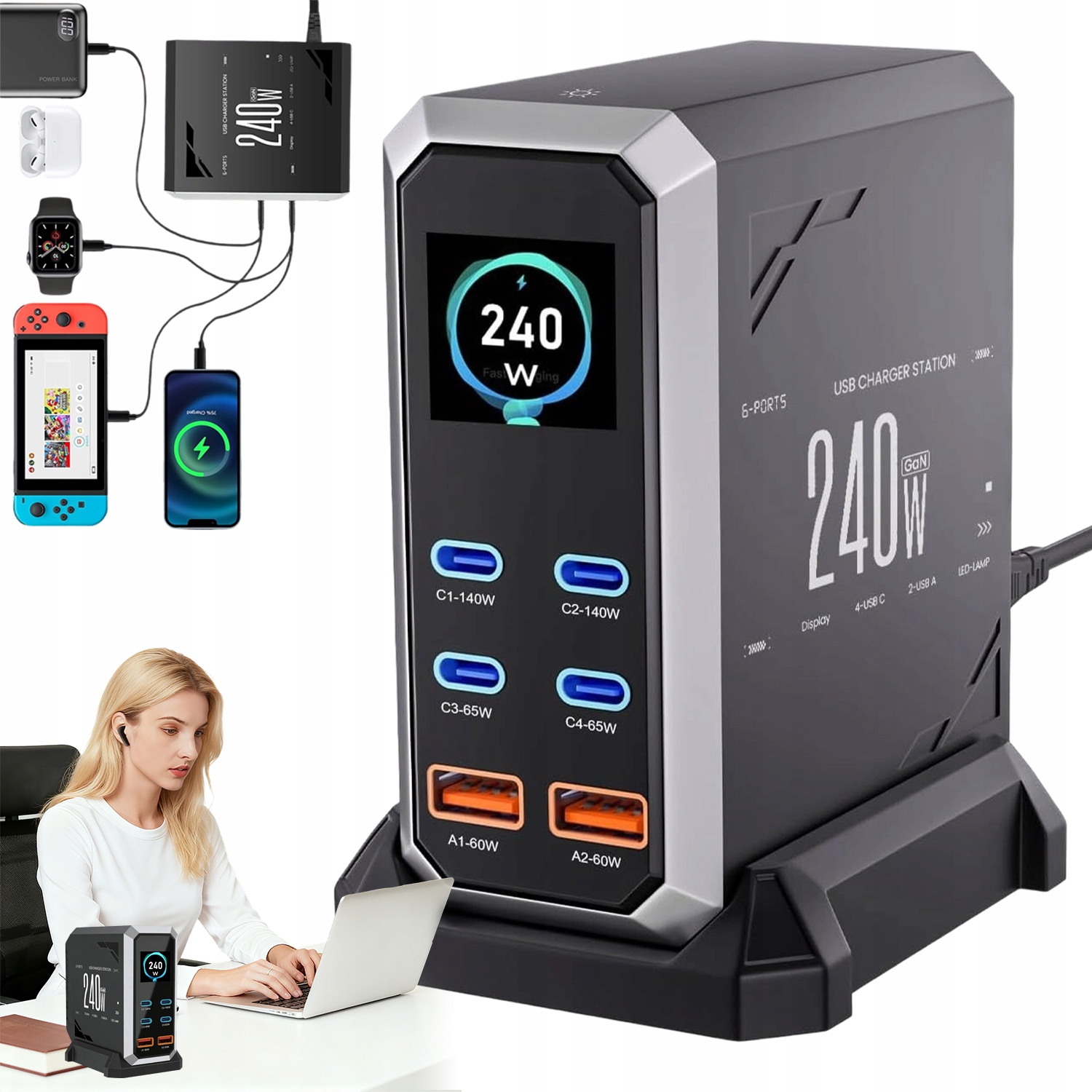 Gan Síťová Nabíječka 240W Kompaktní Rychlé Nabíjení Pd 140W Qc 60W