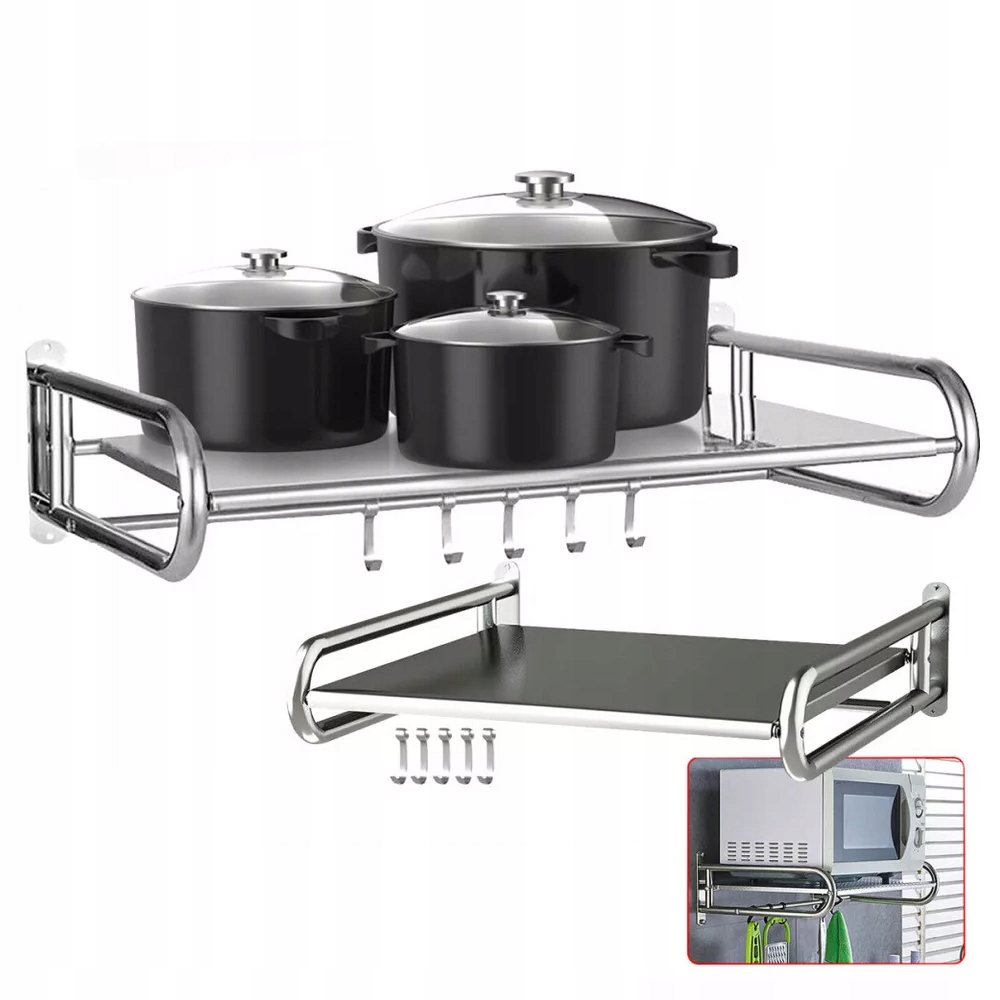 UCHWYTY NAŚCIENNY PÓŁKA POD MIKROFALÓWKĘ PÓŁKA DO PRZECHOWYWANIA 5haczyków