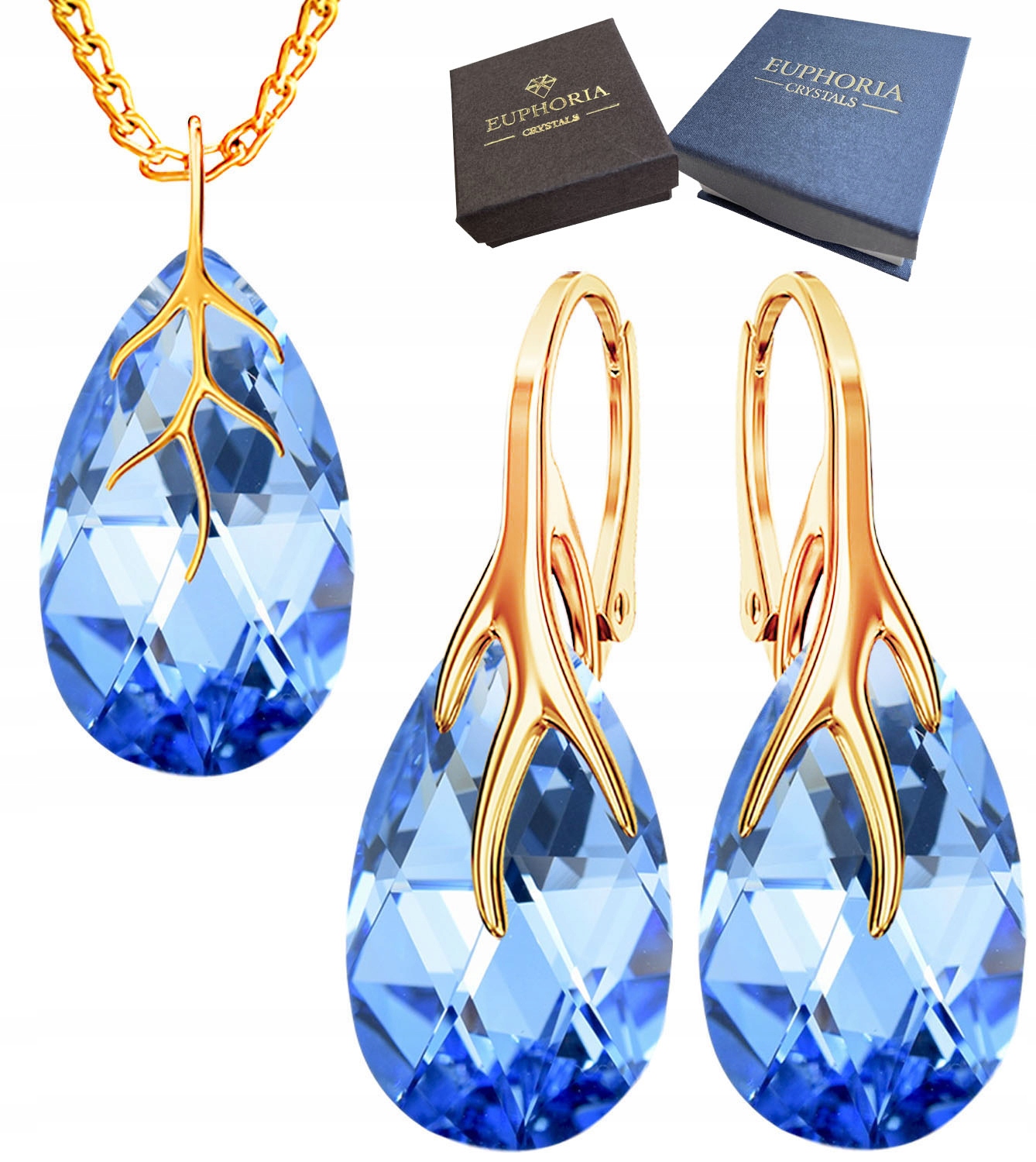 Stříbrný zlatý komplet Light Sapphire – Náušnice a náhrdelník Stříbro 925