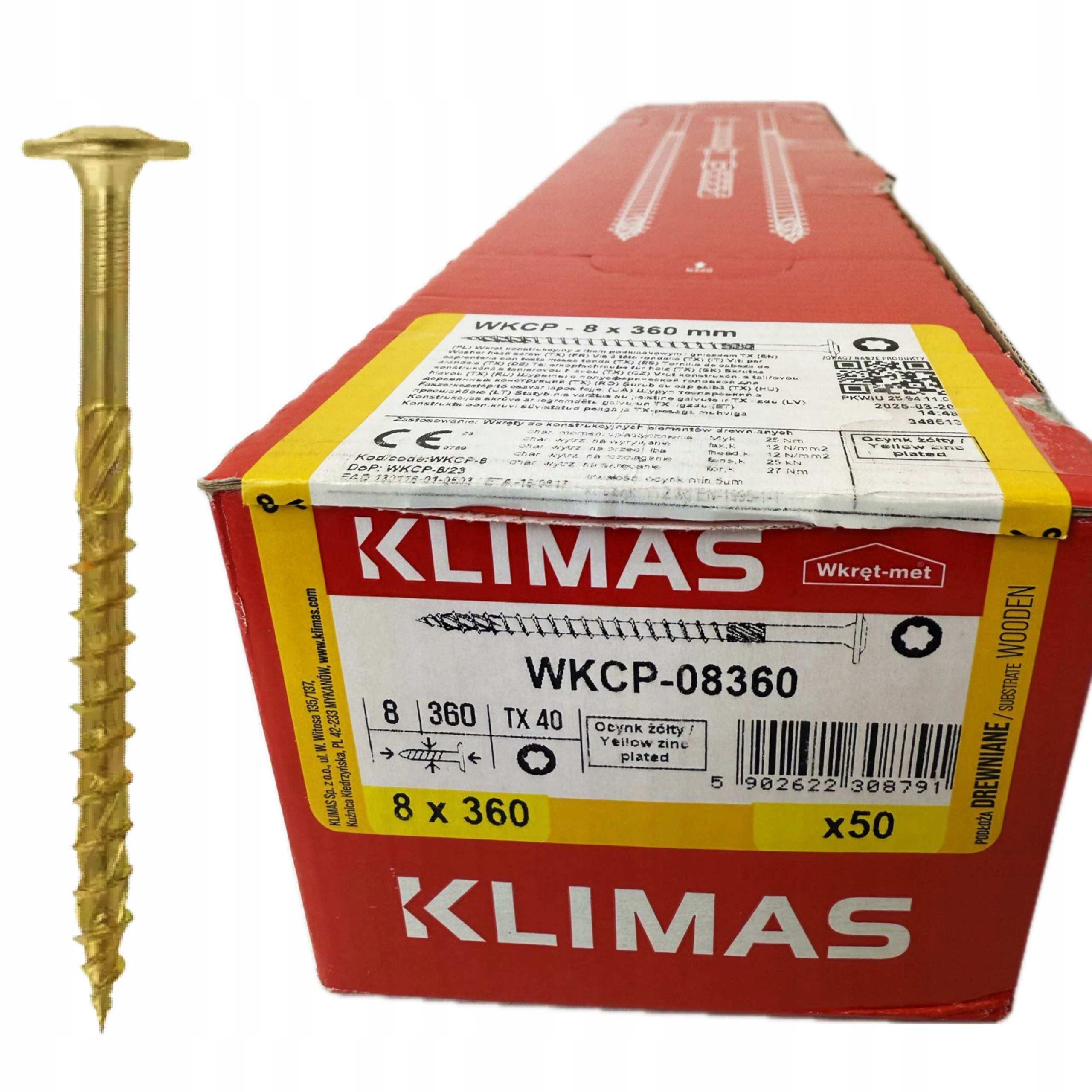 Vruty do dřeva 8x360 mm tesařské Wkcp talířová hlava, torx, op.50 Ks