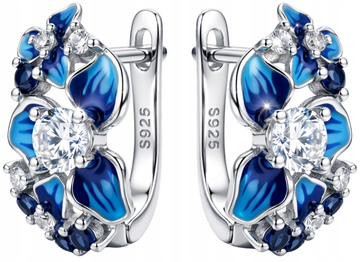 Kolczyki srebrne angielskie rodowane kwiatki niebieskie srebro próba 925