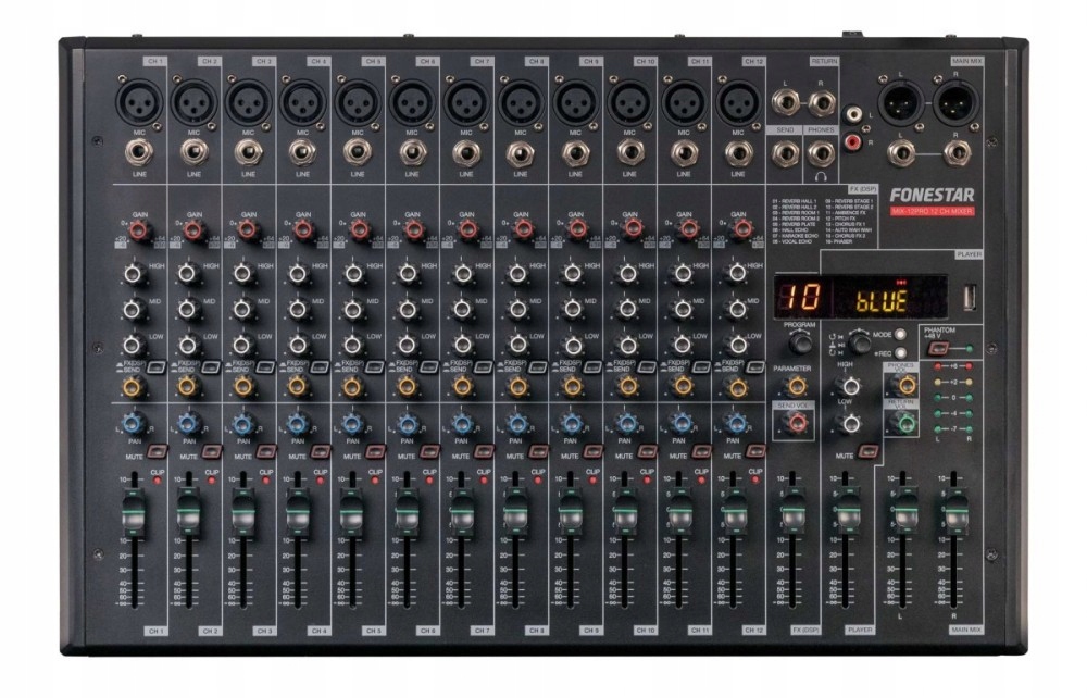 Fonestar MIX-12PRO – mixážní pult, 12 kanálů, MP3 přehrávač