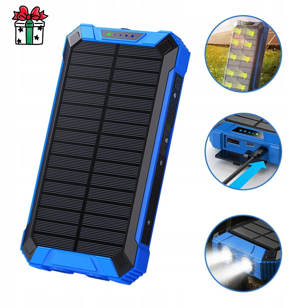 Solární Powerbanka Usb 10000 Mah Se 4 Kabely A Svítilnou, Modrá, Přenosná