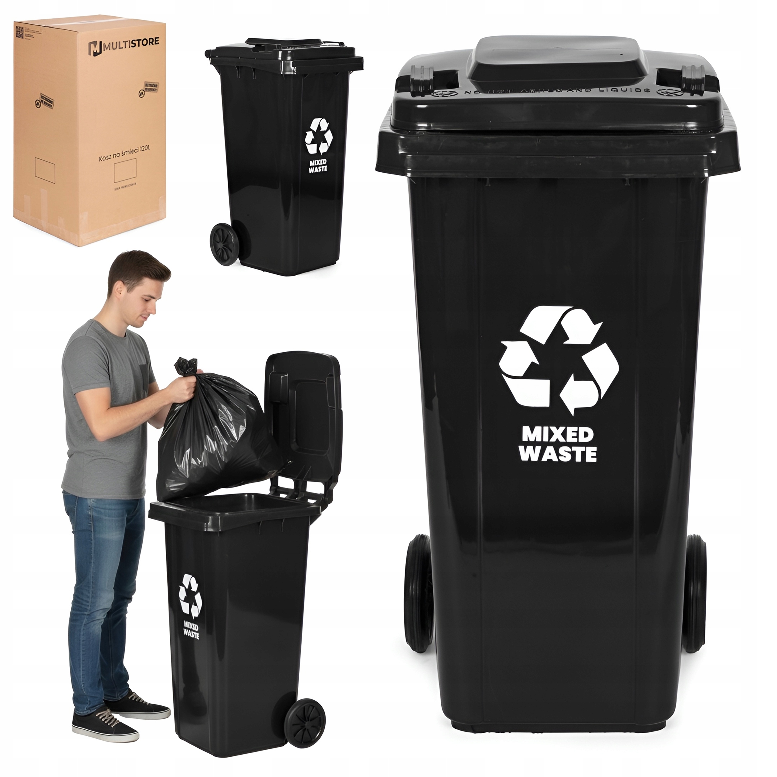 Kosz Na Śmieci Pojemnik 120L Kubeł Śmietnik Czarny Odpady Zmieszane Kółka