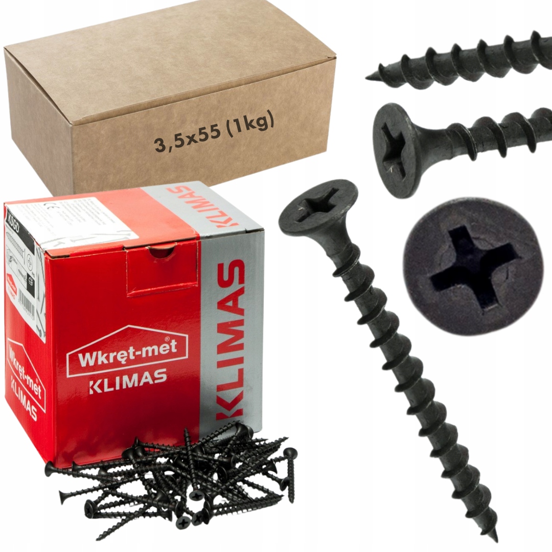 Wkręty fosfatowane karton-gips drewno łeb stożkowy czarne 3,5x55 10kg