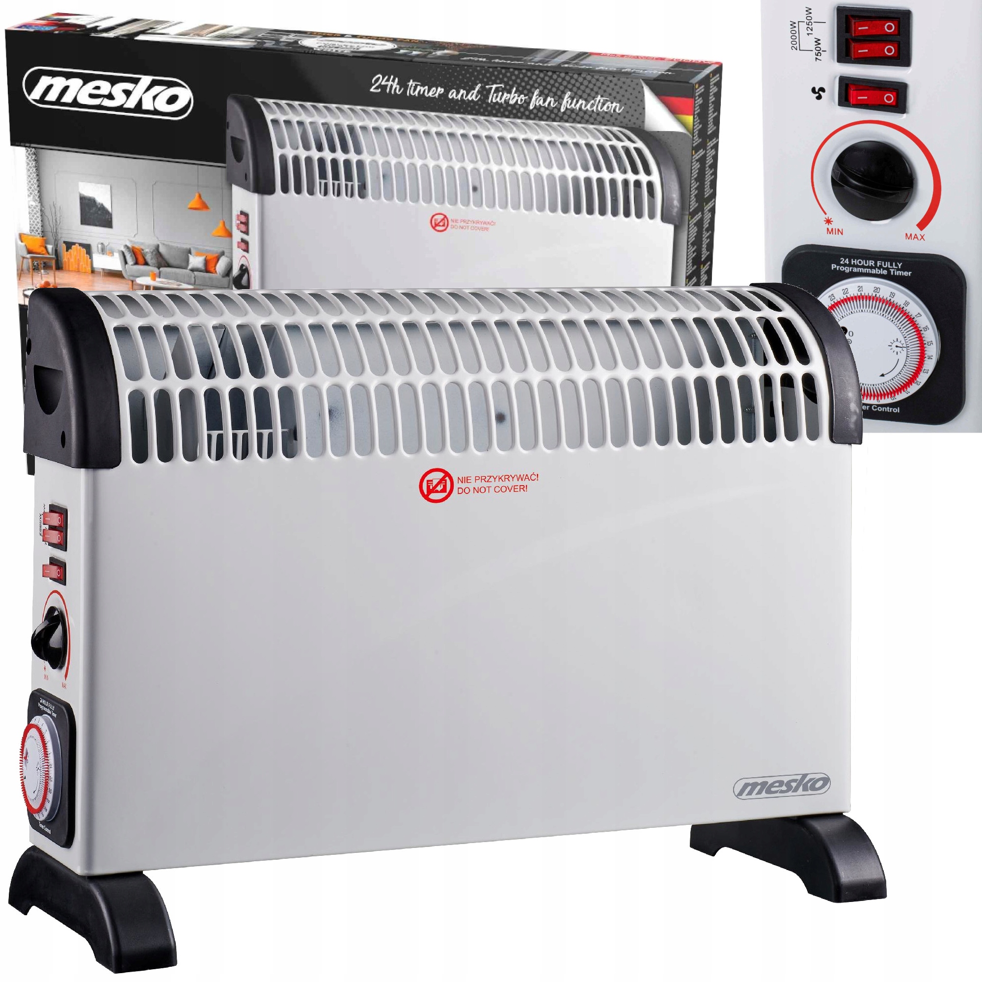 Konvektorový ohřívač 200 W Časovač 24 hodin Turbo přívod vzduchu Termostat Regulace