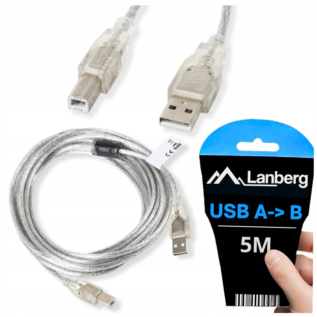 KABEL USB TYPU A USB TYP B 2.0 MĘSKI DO DRUKARKI 5M PRZEZROCZYSTY LANBERG