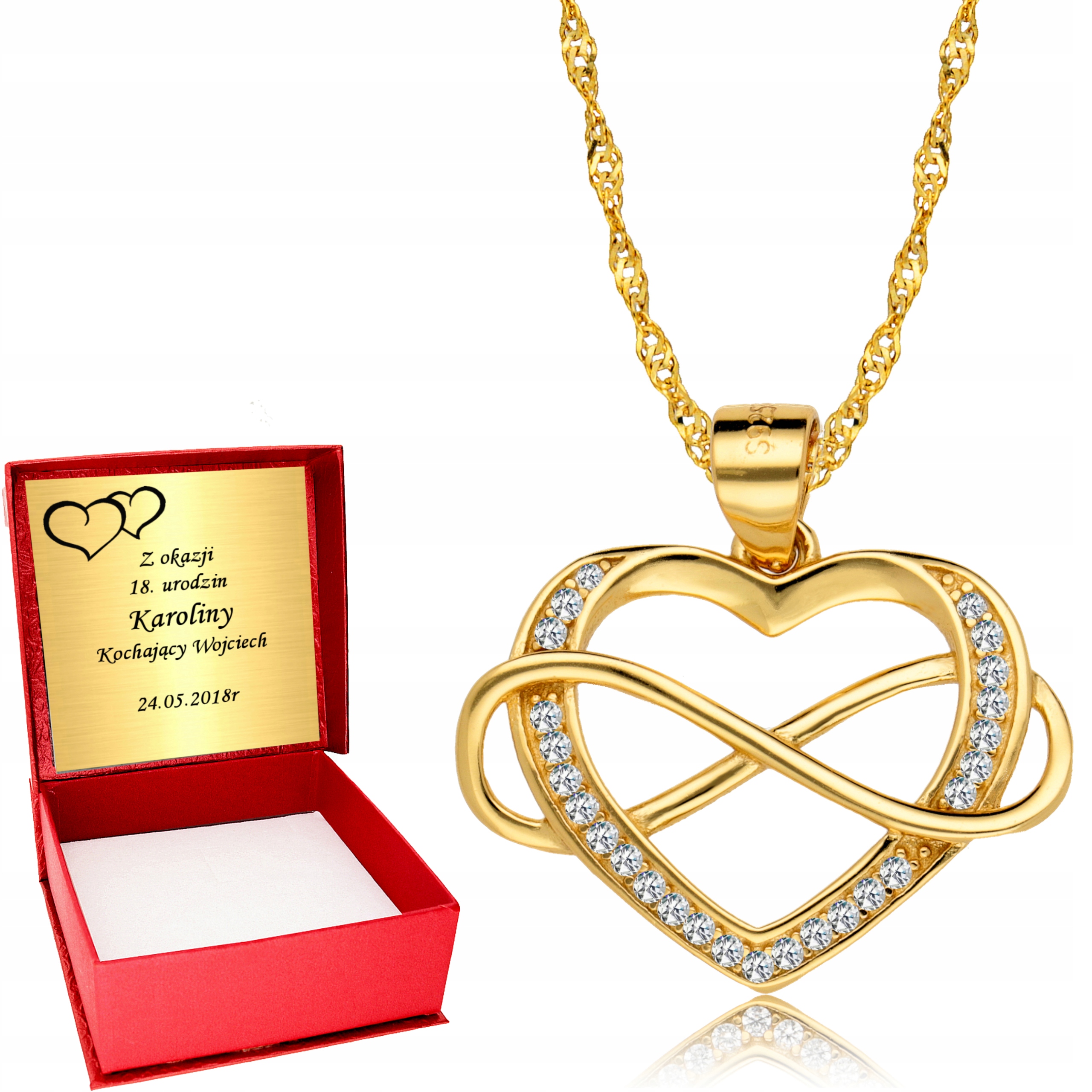 Złoty Naszyjnik 925 Serce Nieskończoność Dla Ukochanej Grawer