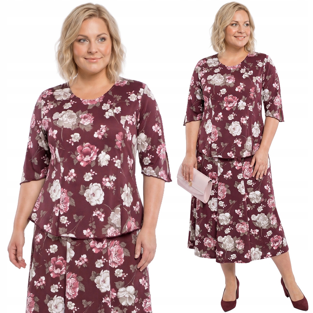 Bordový komplet s béžovými květy plus size velikost 60/62