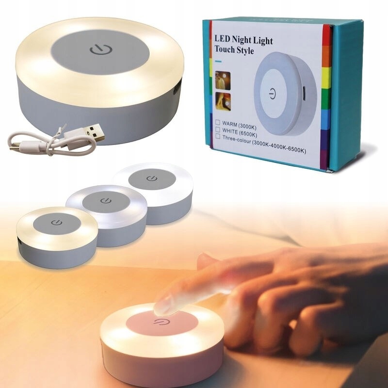 Sada 5 x Noční Lampa s dotykovým Usb konektorem – 3 barvy světla, Samolepicí