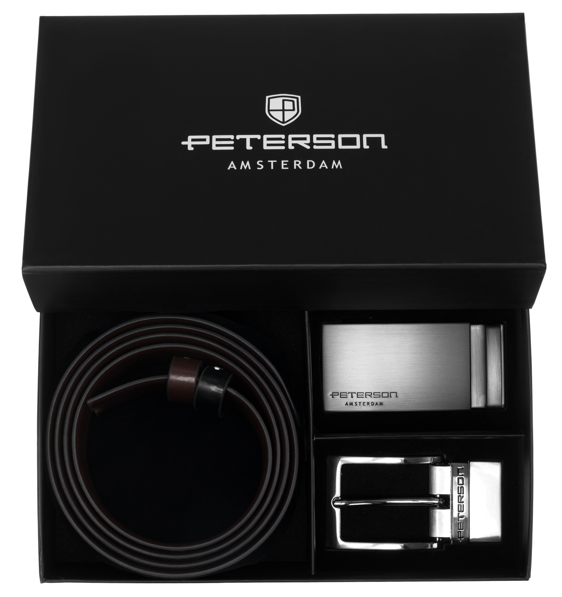 Pasek męski skórzany dwustronny 2 klamry zestaw Peterson