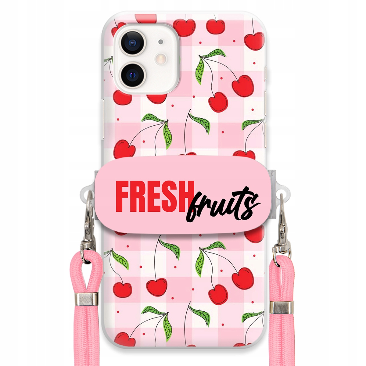 Puzdro pre iPHONE 12 Case držiak na šnúrku Ružový Fresh Fruits Mriežka Ovocie