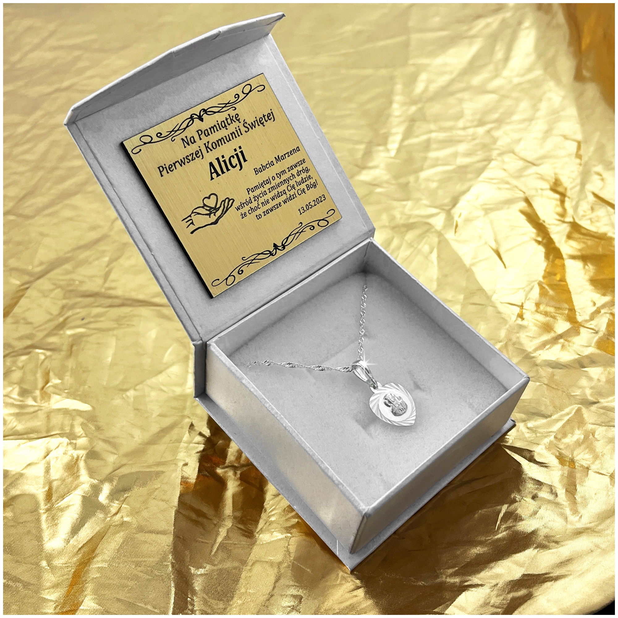 SREBRNY ŁAŃCUSZEK Z MEDALIKIEM PR. 925 PAMIĄTKA I KOMUNII ŚWIĘTEJ + GRATISY Kolor srebrny