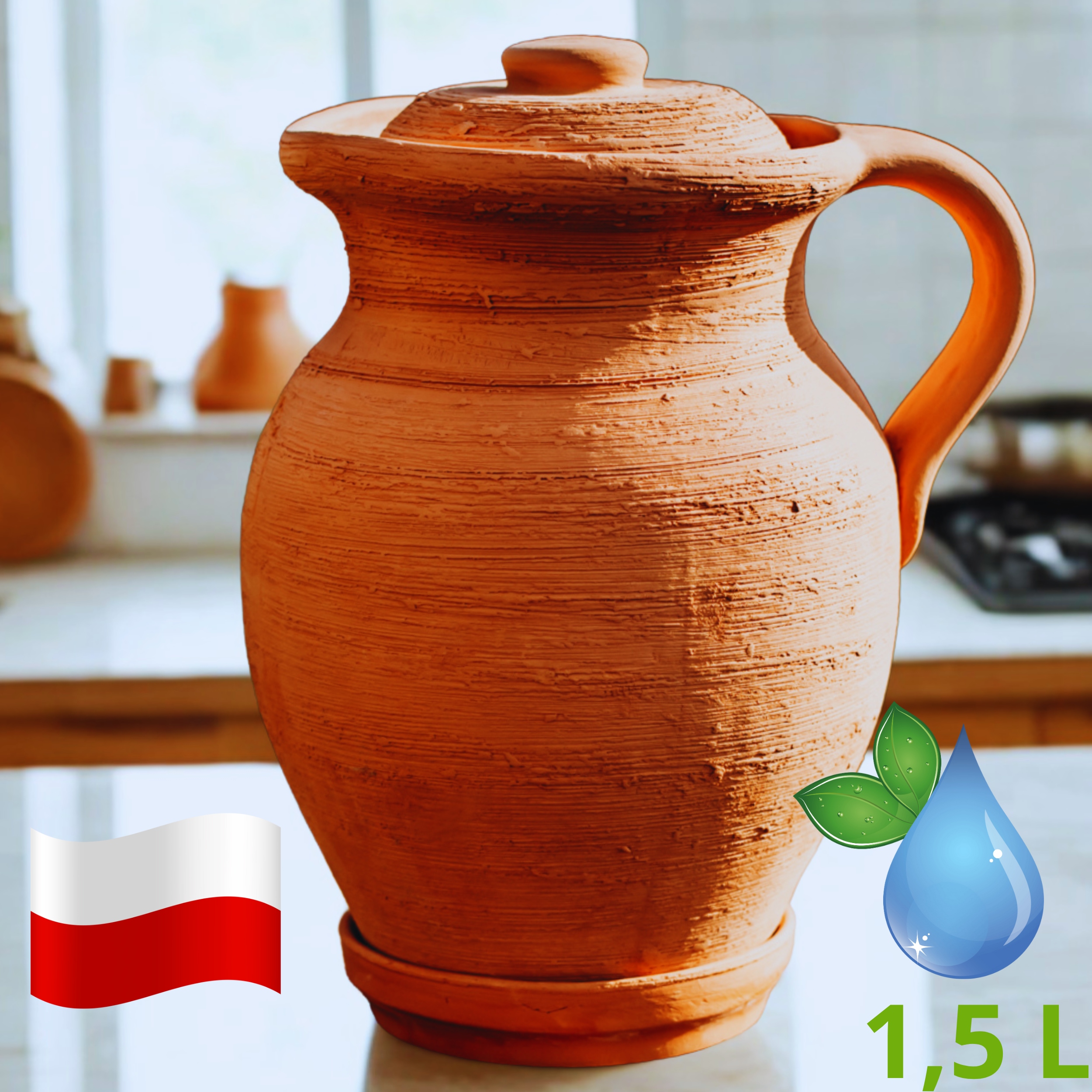 Dzbanek gliniany do wody 1,5 L| Filtr bez plastiku z Atestem Zdrowia
