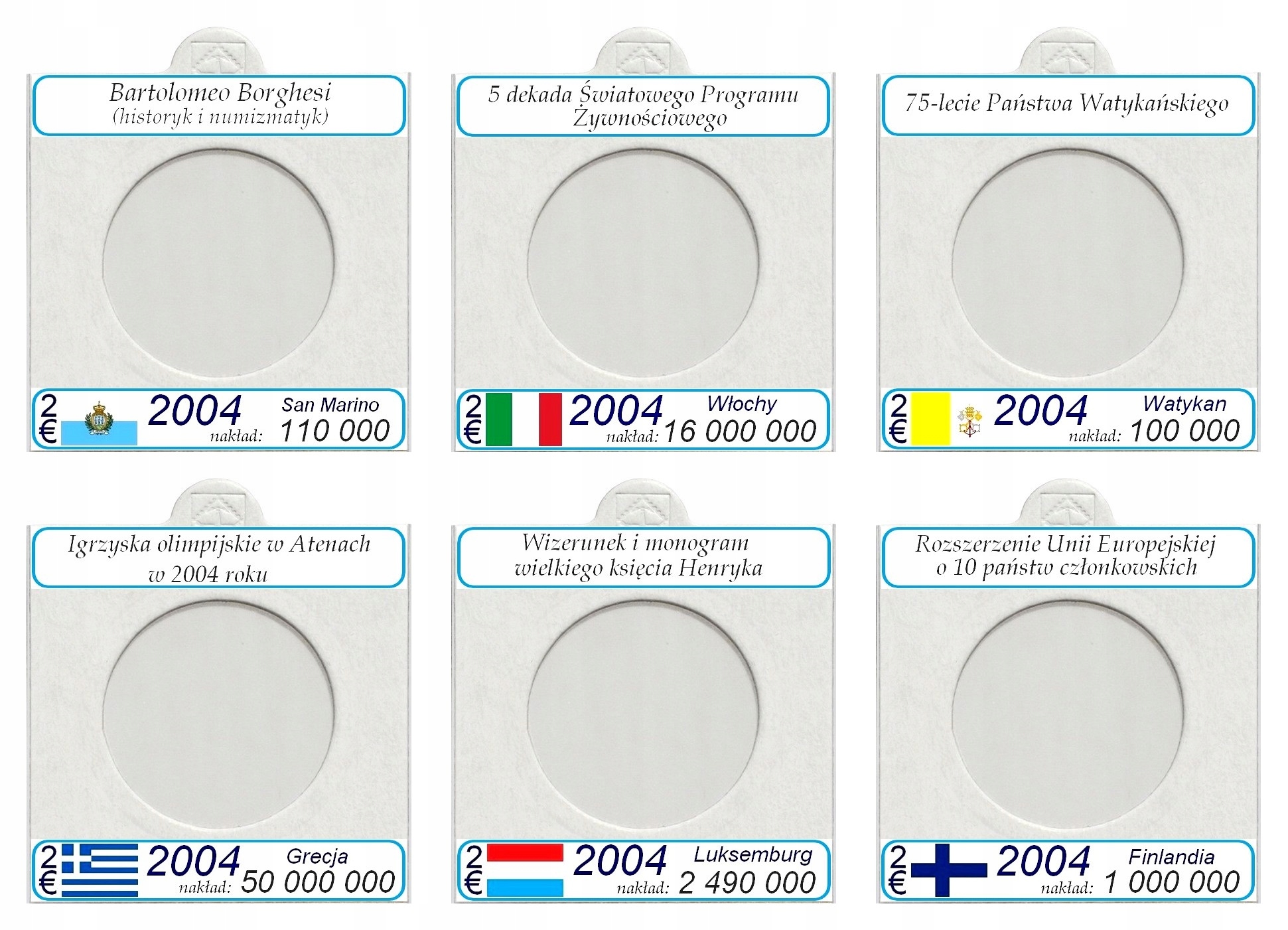 634 holderů na mince 2 euro 2004 2023 popisy