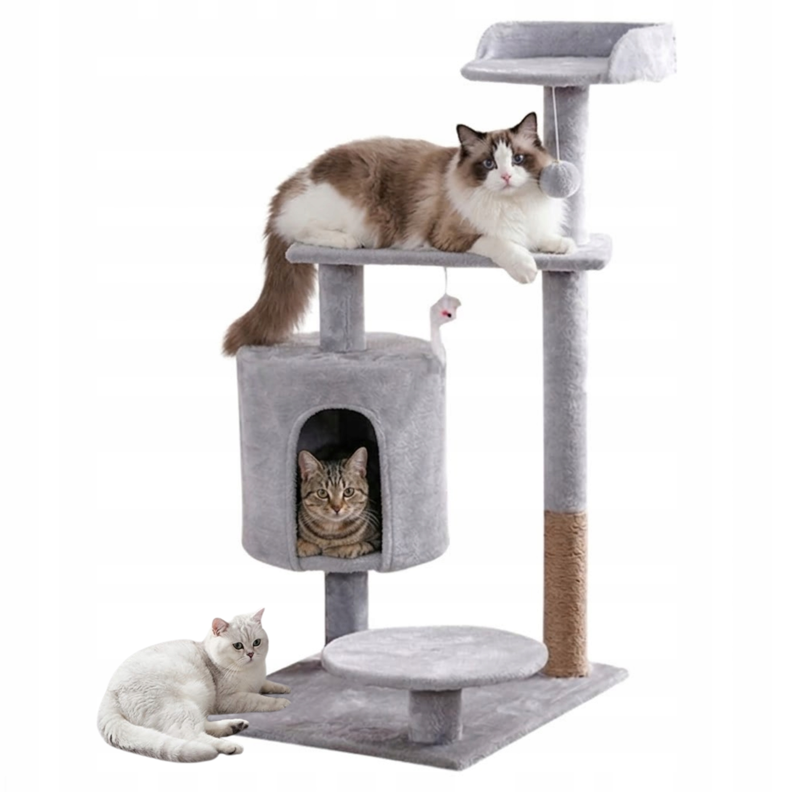 Levně Škrabadlo Pro Kočky Sloupek Pelíšek Domeček 90 cm Šedá Stabilní věž Hračka