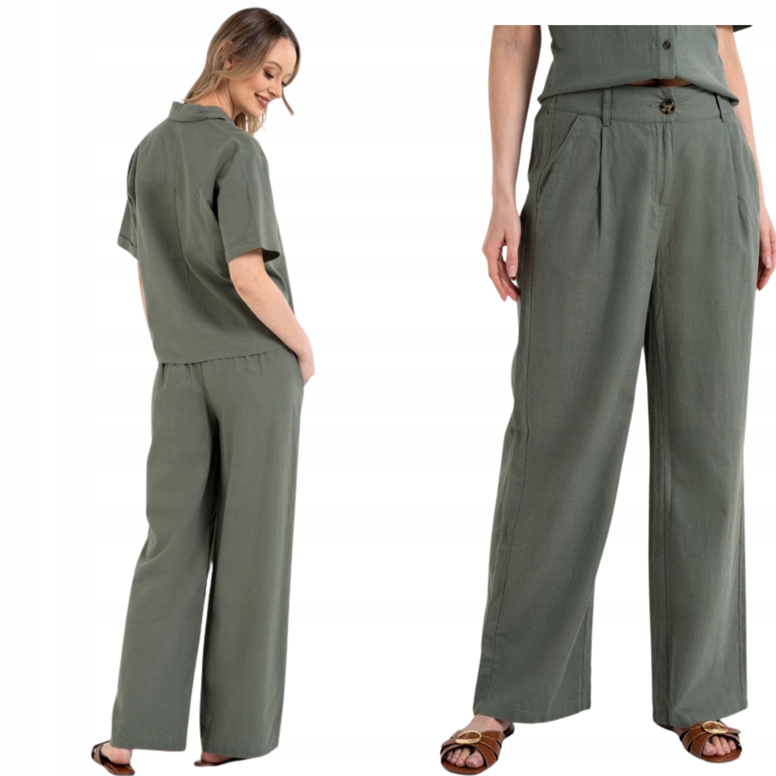 Spodnie Damskie Długie Szerokie Nogawki Lniane Moraj Luźne Zielone 3XL