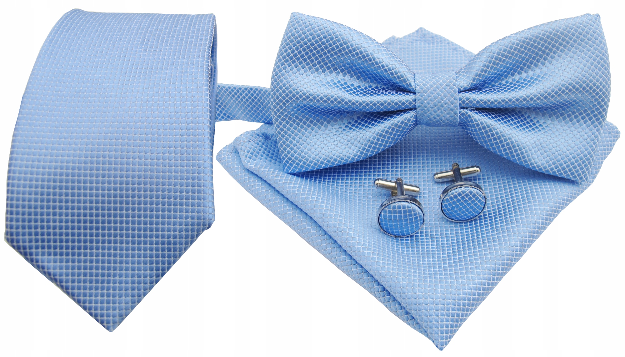 

Zestaw Krawat Mucha Spinki Poszetka błękit