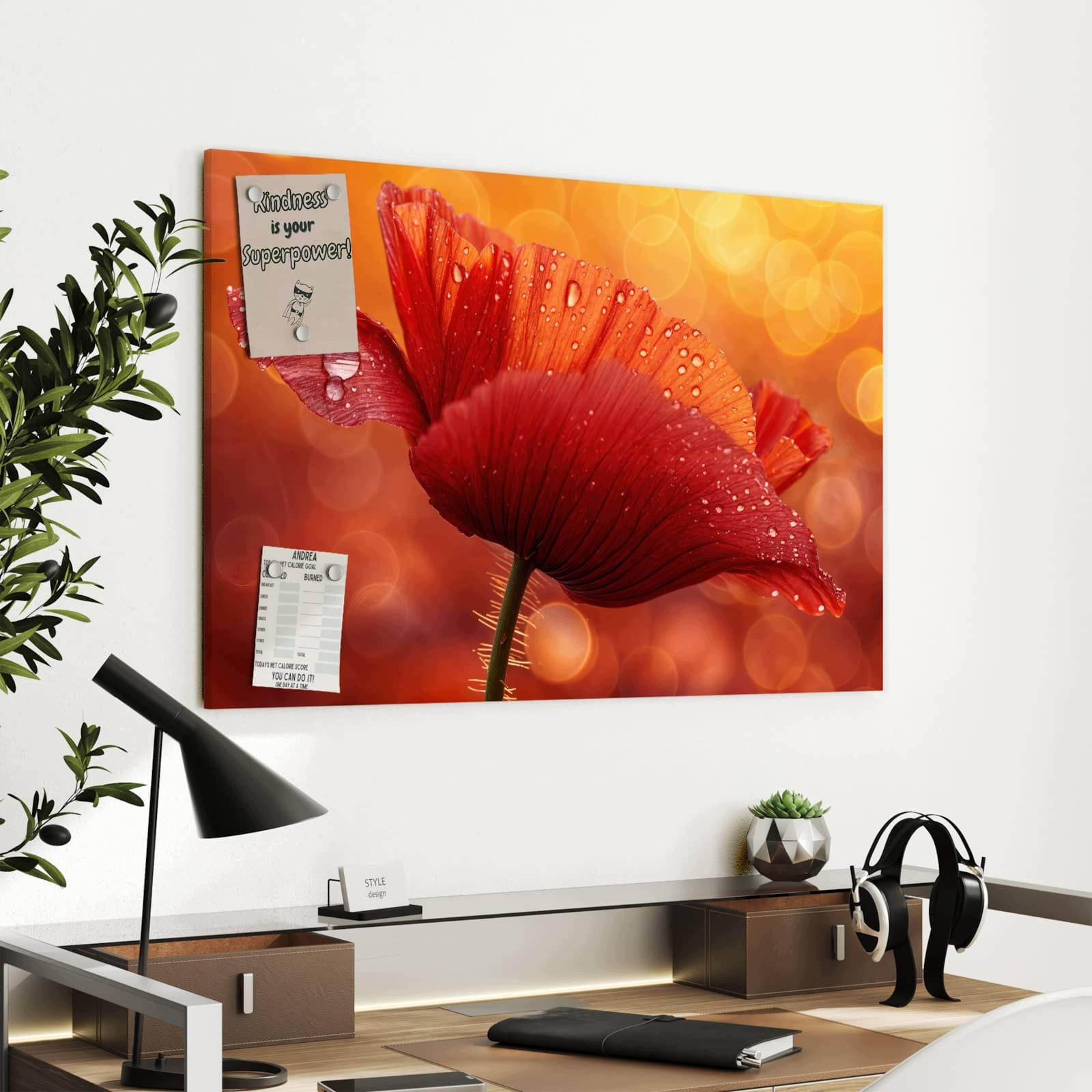 Magnetická tabule Červený Kapky s květin 90 × 60 cm