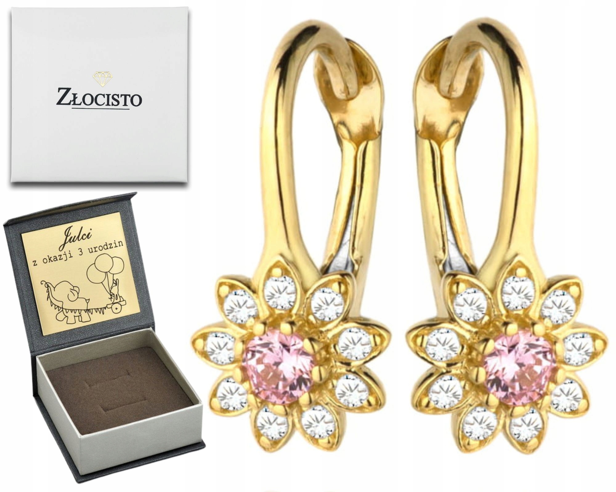 Zlaté Květinové Náušnice S Růžovým Zirkon A Bílým 585