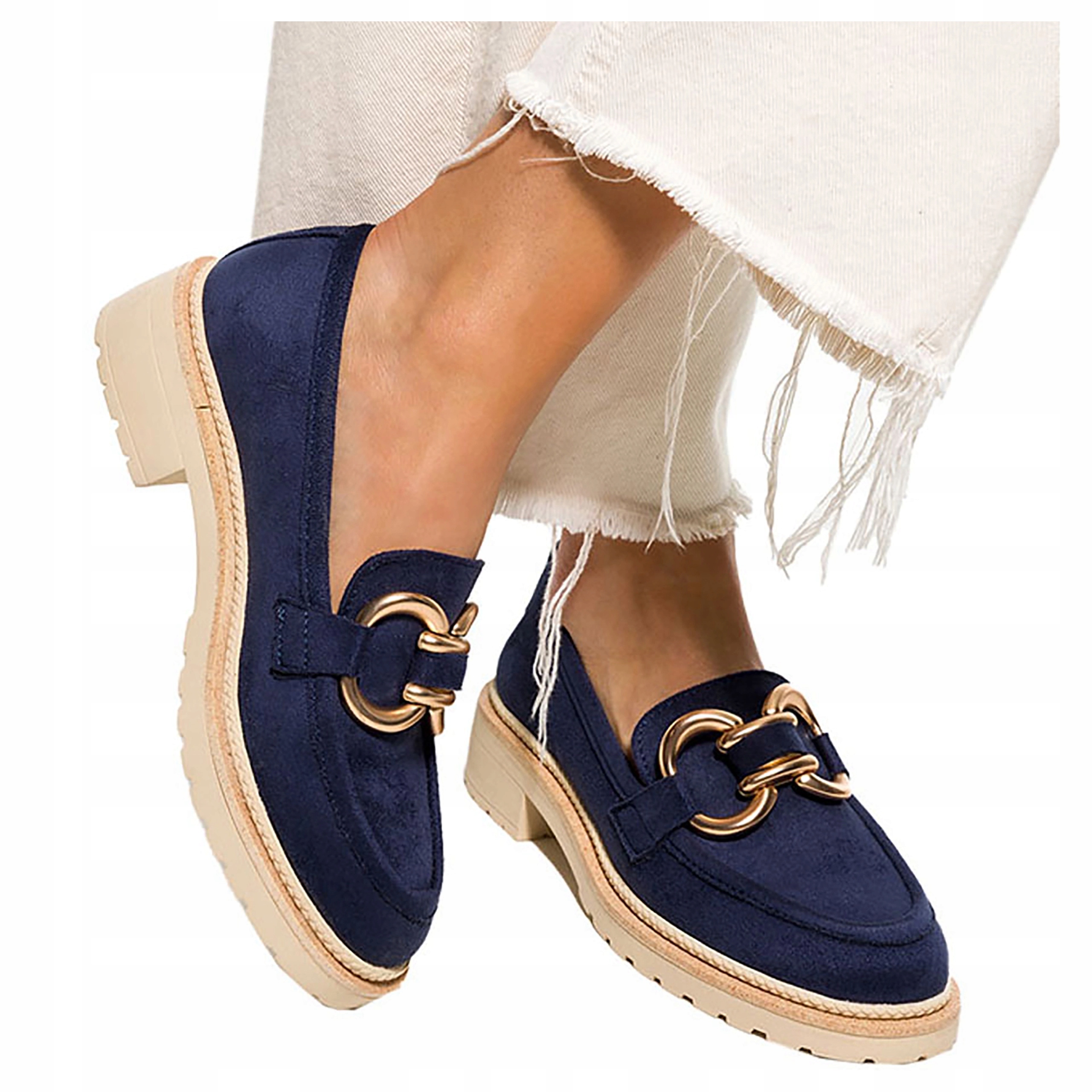 Tmavě modré dámské Mokasíny na platformě, zlatá ozdoba, nazouvací Polobotky, velikost 39
