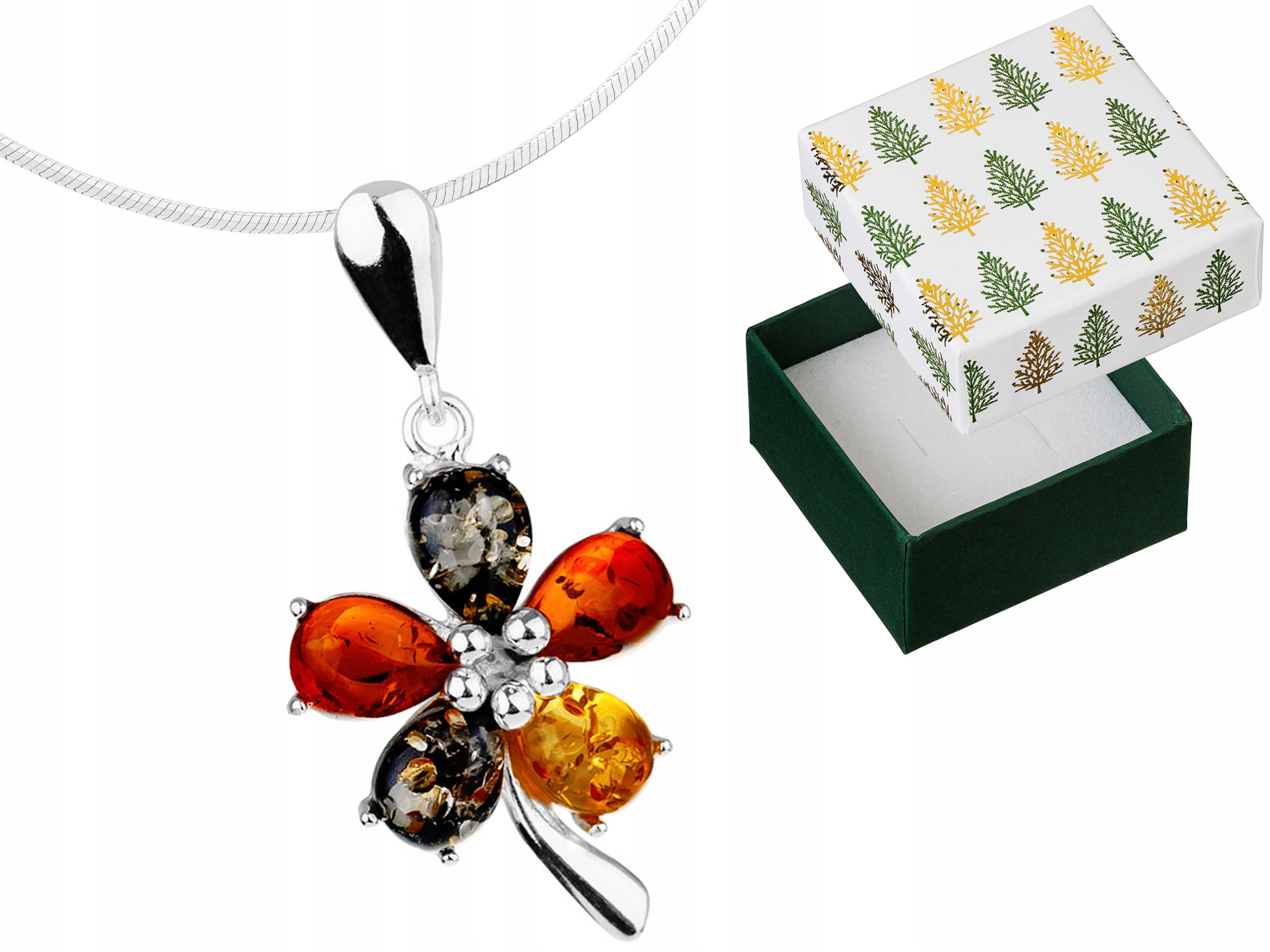 Stříbrný náhrdelník Květina s jantarem Barevné jantary Květina Stříbro 65 cm