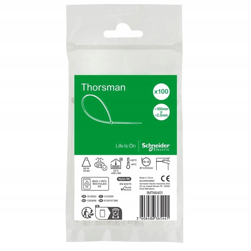 Opaska kablowa 100x2,5mm Biała zacisk Schneider Thorsman IMT46401 /100szt/