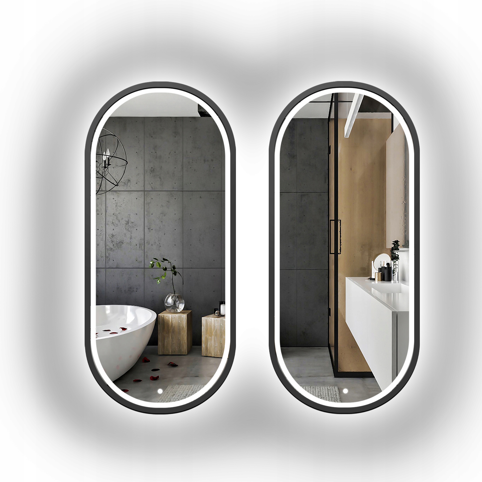 Sada dvou oválných zrcadel Oskar Led II v černém rámu Mdf 63 x 183 cm
