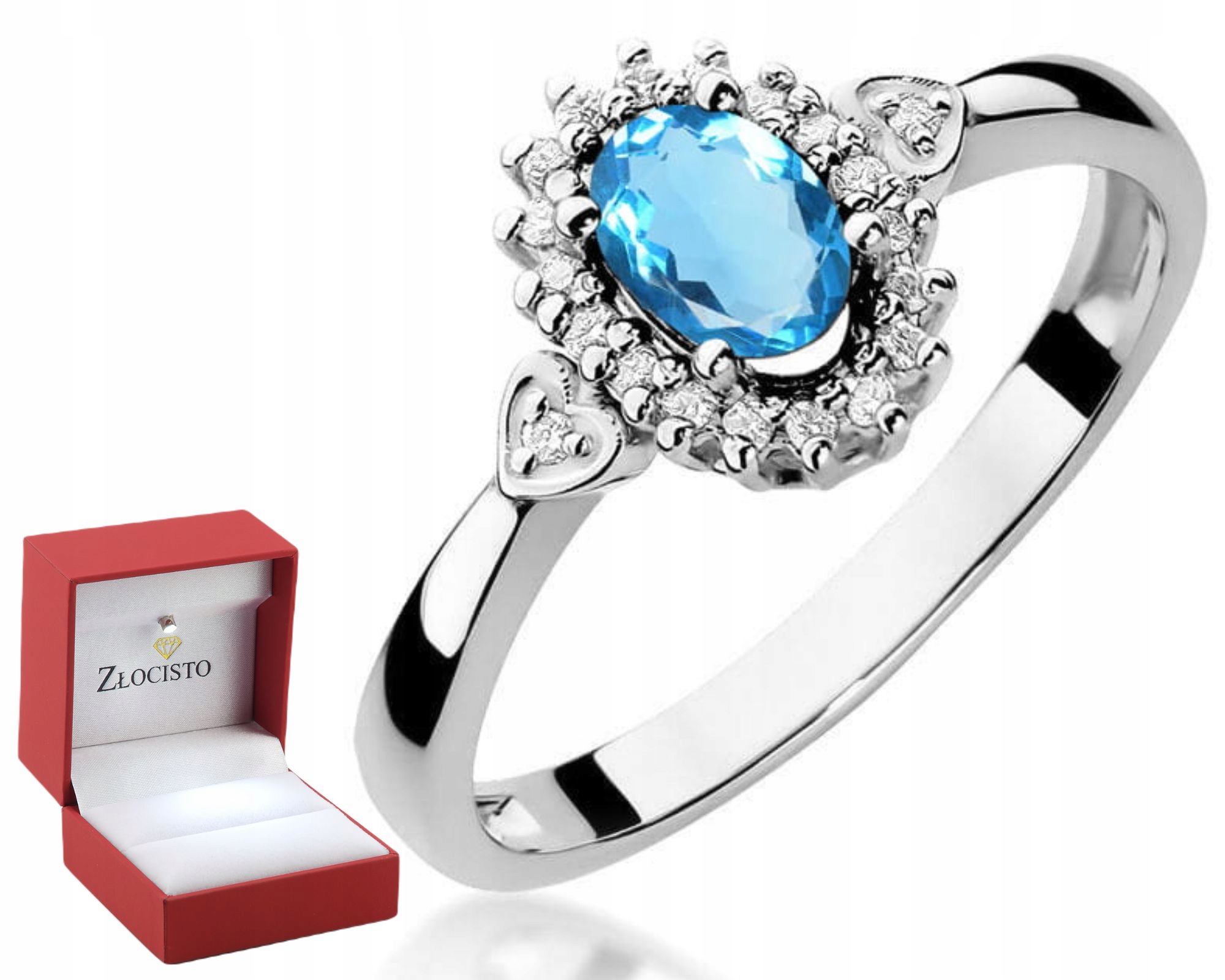 Bílé Zlato Prstýnek Topaz A Diamanty Gravírování 585 Dárek