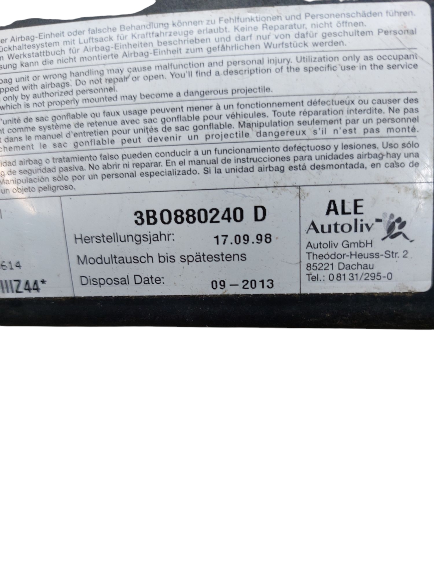 seat airbag right VOLKSWAGEN PASSAT B5 3B0880240D