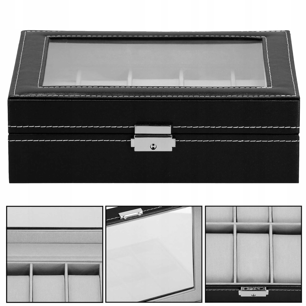 ORGANIZER SZKATUŁKA ETUI NA ZEGARKI 10szt BIŻUTERIĘ PUDEŁKO ELEGANCKIE Kolor czarny