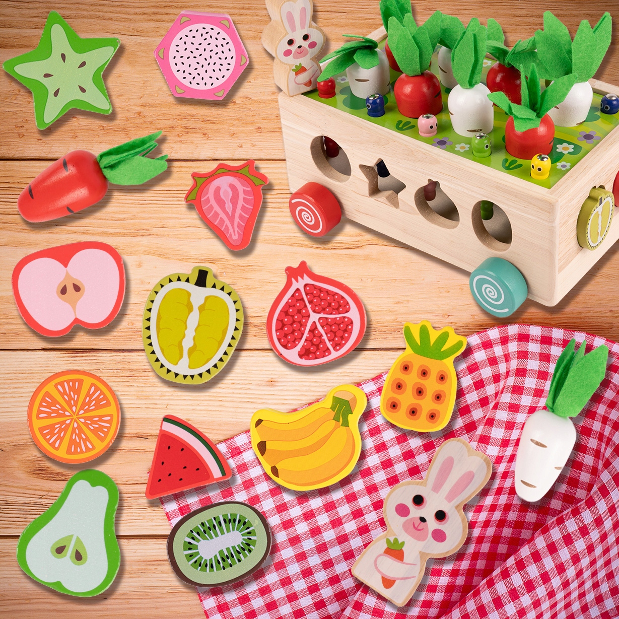 SORTIRNIK OPEKE MONTESSORI SESTAVLJANKA LESEN ULOV ČRV KORENČEK VOZIČEK Širina izdelka 22.5 cm