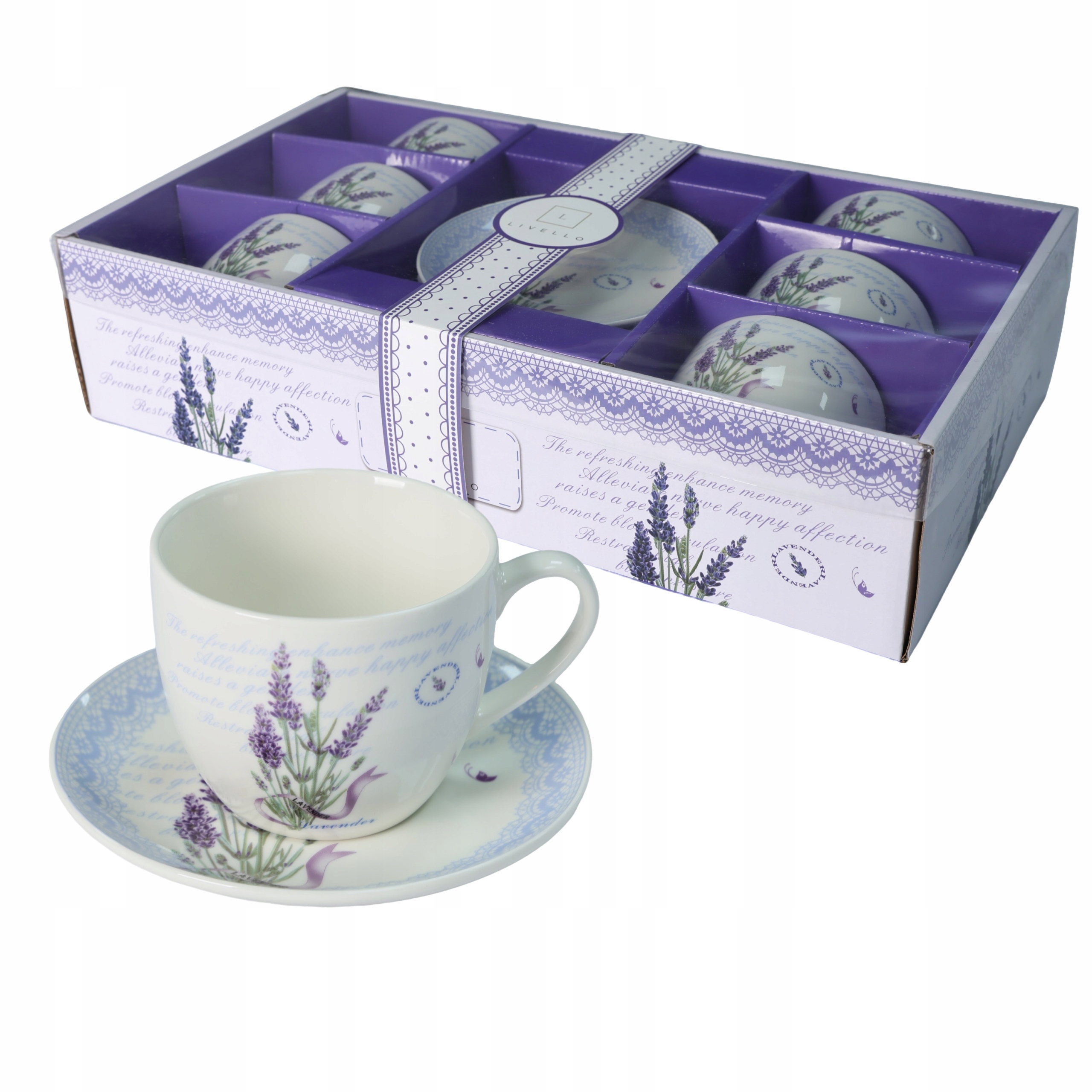 Livello Kávový servis 6 x šálek 250 ml s podšálkem 14 cm na kávu, levandule