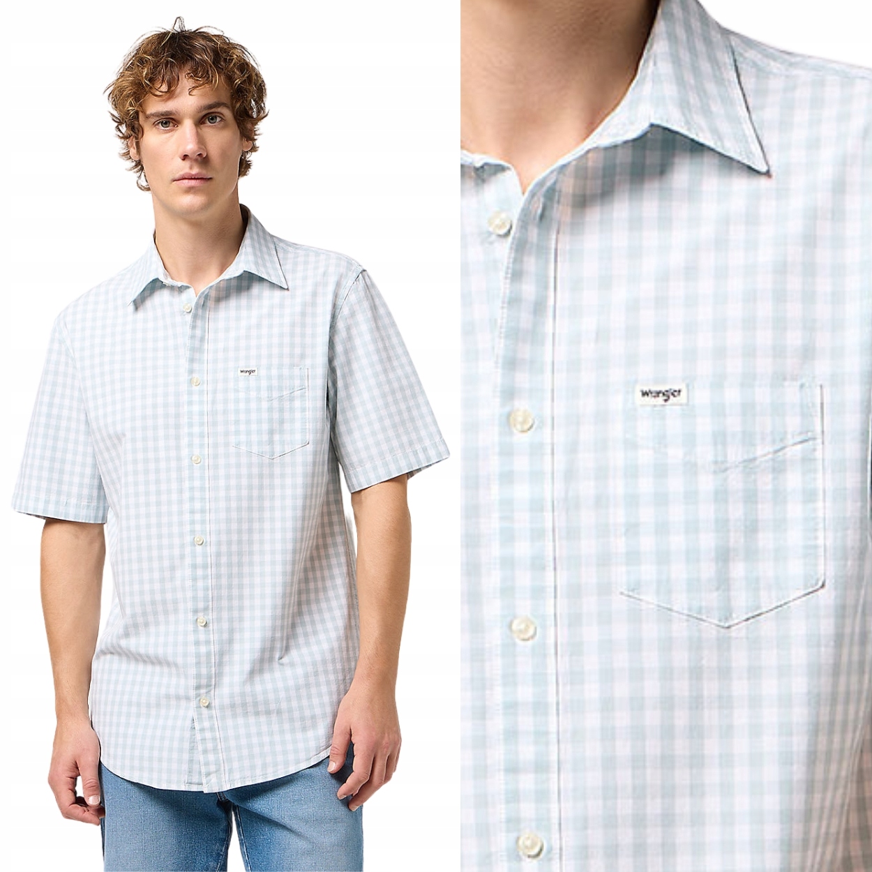 Wrangler 1 Pkt Shirt Blue Fog Bavlněná Kostkovaná Košile S Krátkým Rukávem M