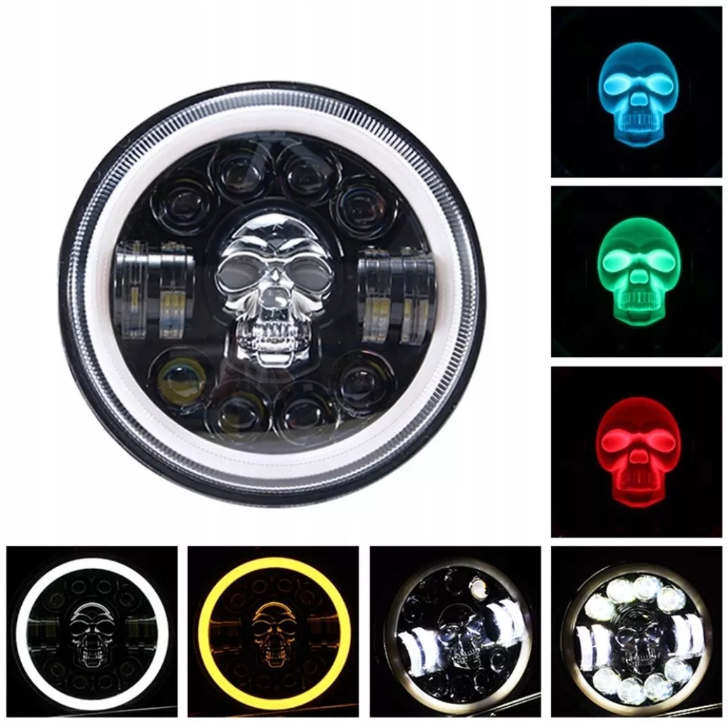 Přední světlo 7" Full Led skull 1 Ks Harley Davidson, Jeep, Willys, Land R