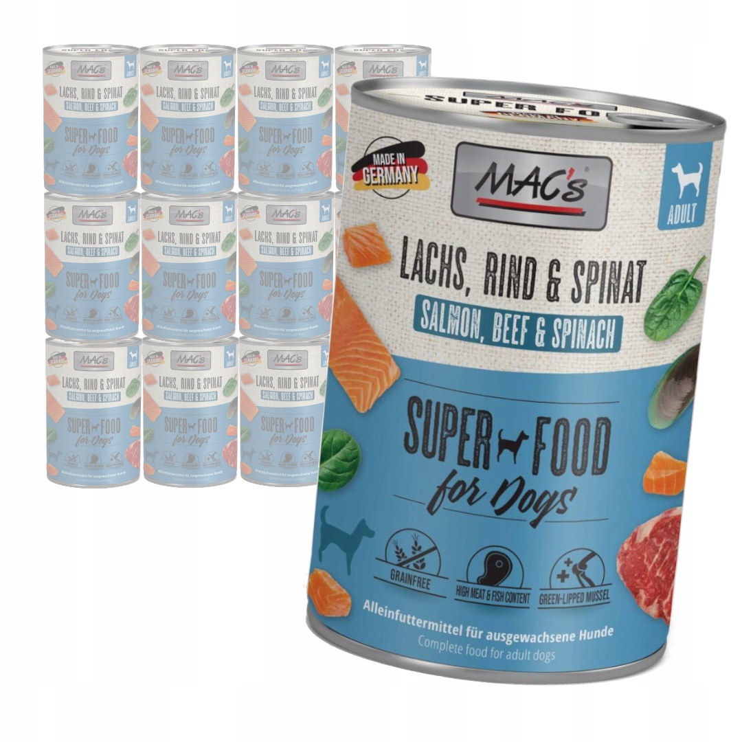 Levně MAC's Dog Bezobilné Vlhké Krmivo pro psy Losos Hovězí špenát 12x400g