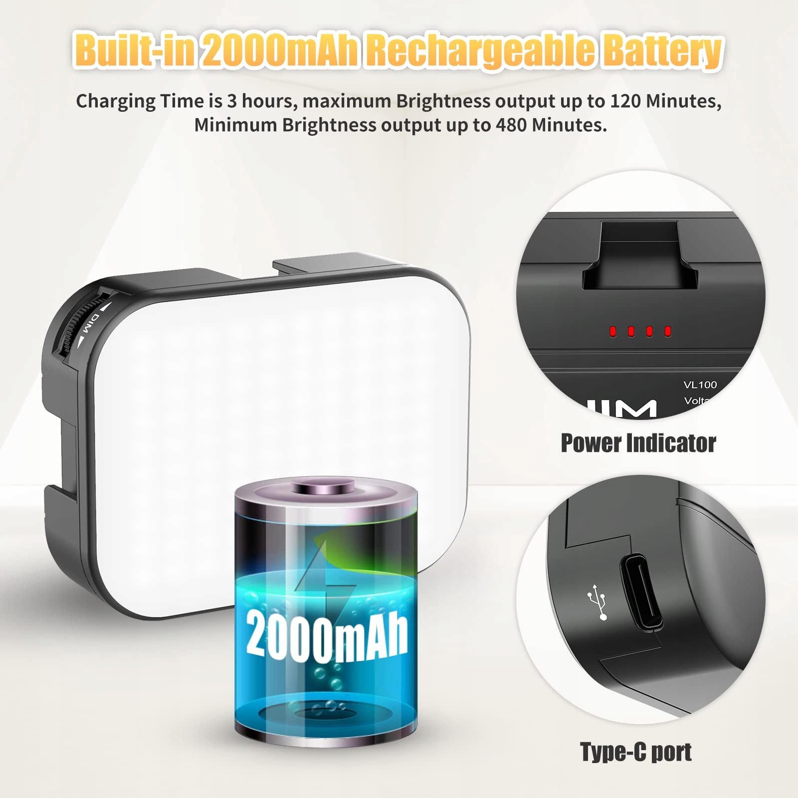 ULANZI VL100C LED Światło Kamerowe 2000mAh CRI95+ 2500K-6500K USB-C — miniatura 4
