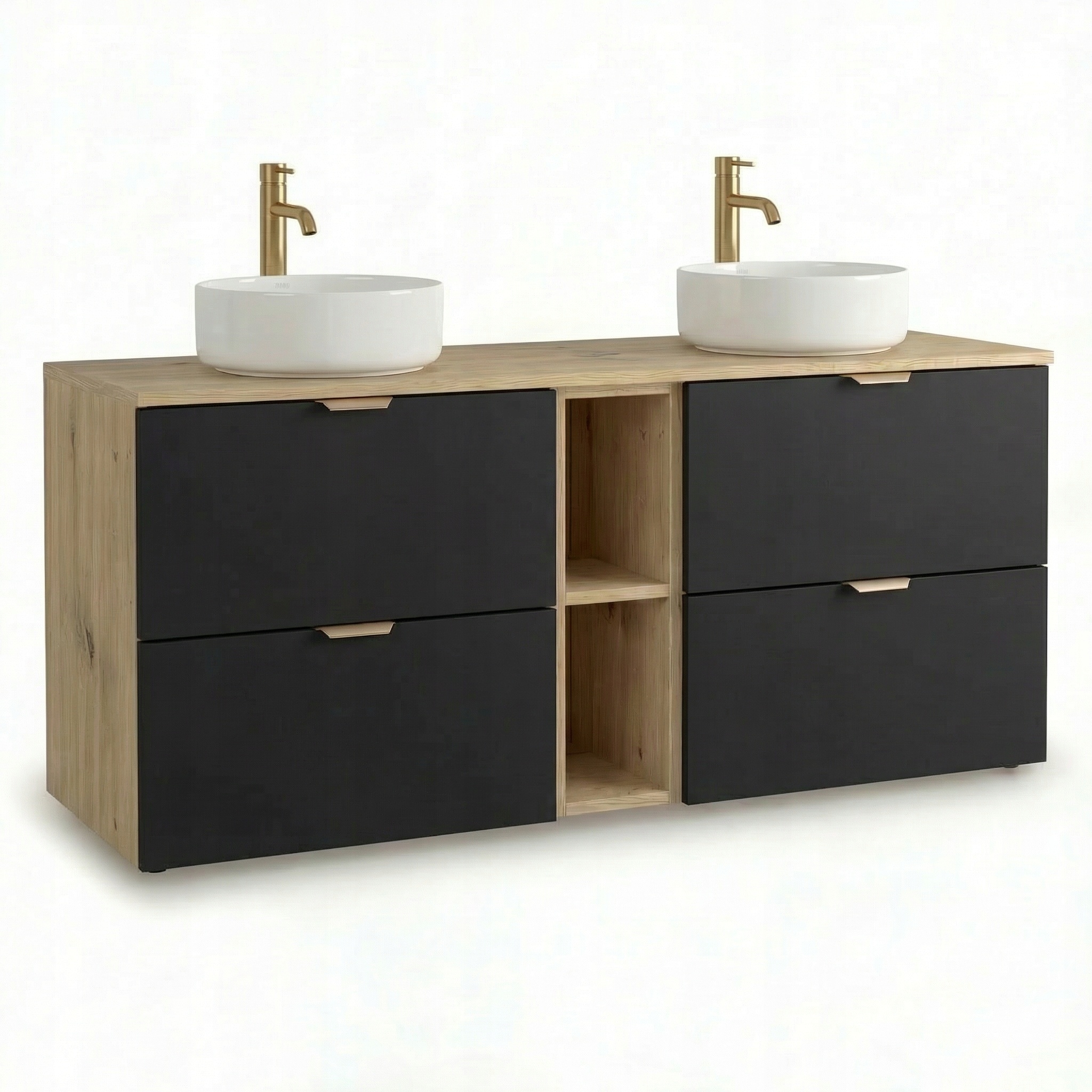 Skříňka 140 cm s regálem, 2 umyvadla na desku, černá/dub artisan Orio