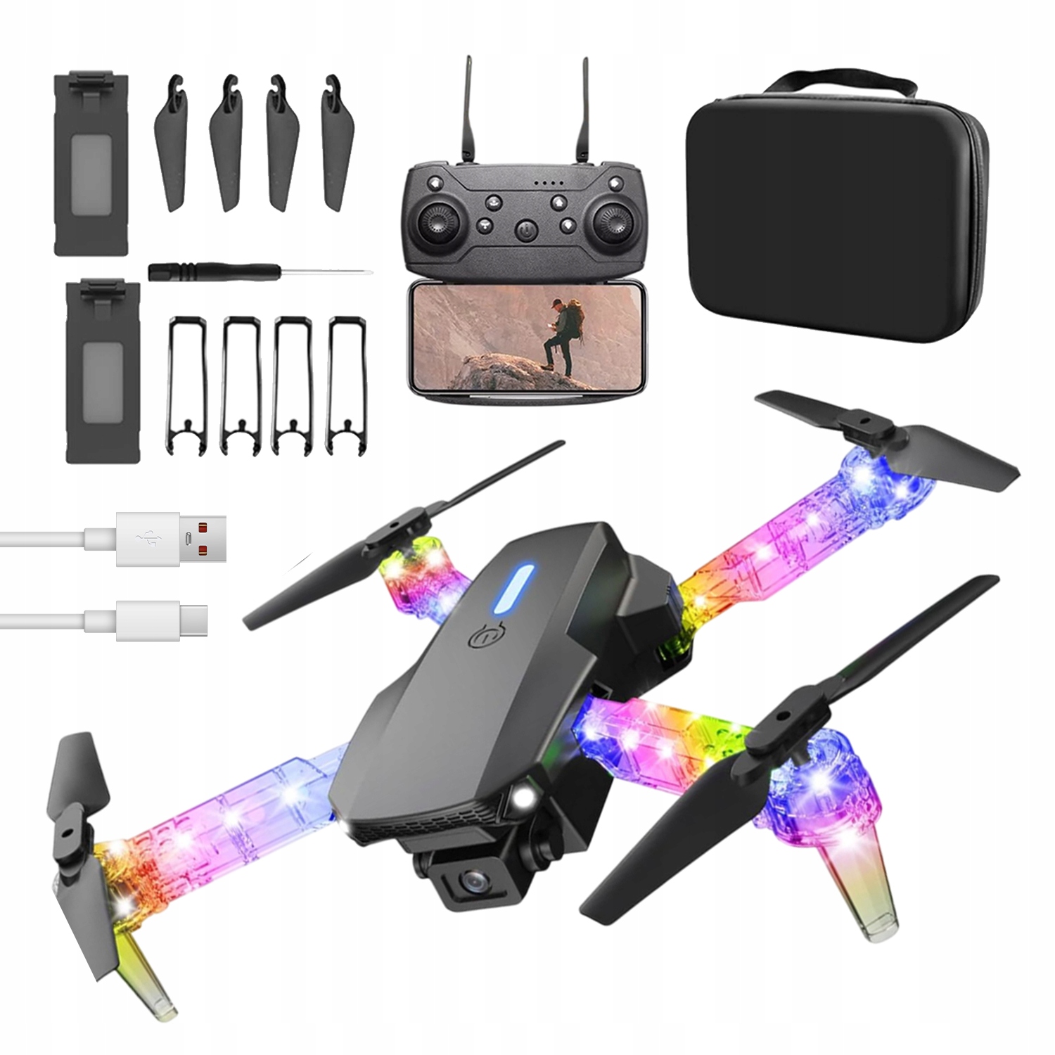 FPV DRON Z PODWÓJNĄ KAMERĄ WIFI PODGLĄD NA ŻYWO ŚWIATŁA LED NOCNE LATANIE