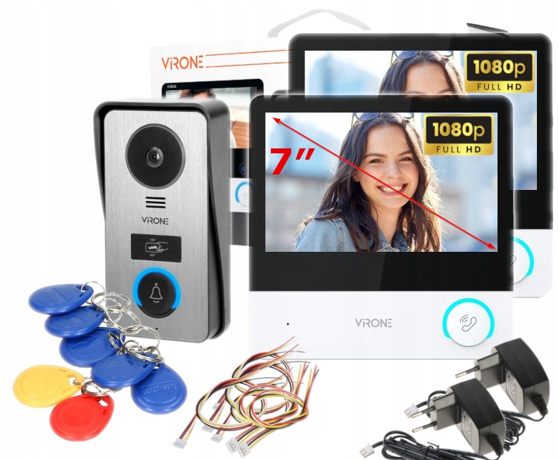 Wideo Domofon Rfid 7" Fullhd Brama Furtka Wideodomofon 2 Monitory Brelok