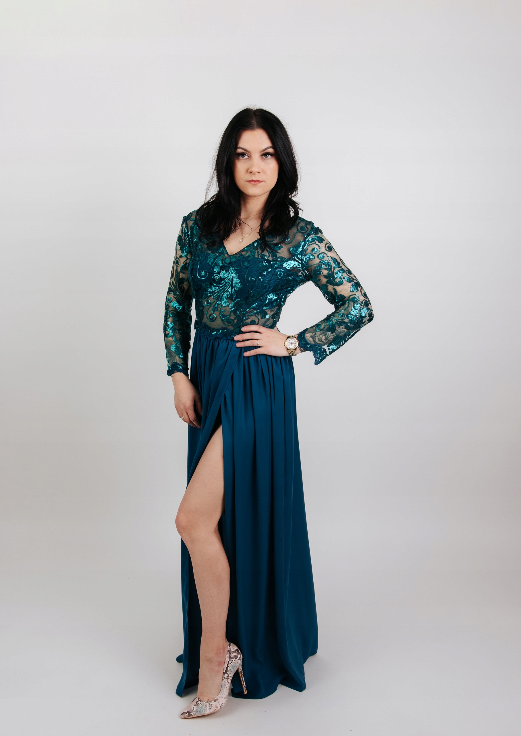 Krásné Šaty tyl s krajkou flitry, mořská zelená r.XS