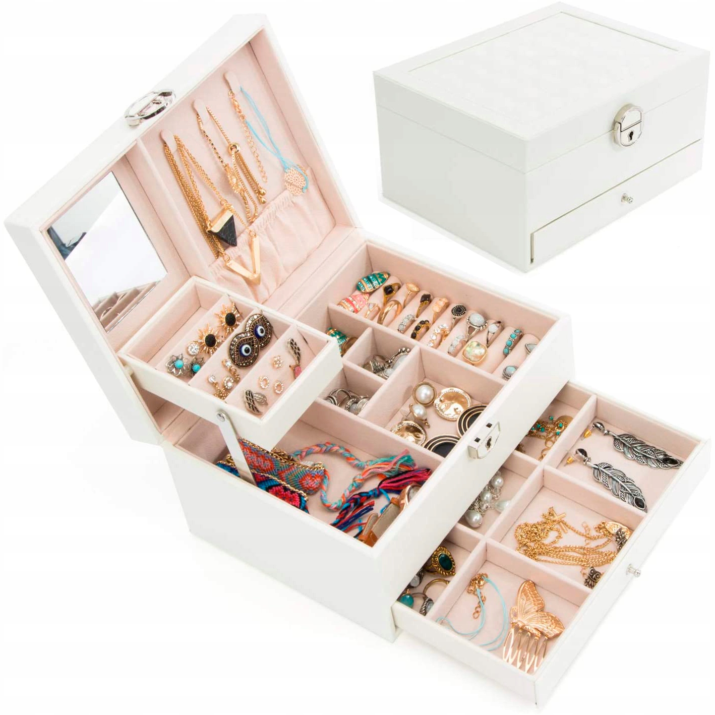 

Kuferek Biżuteryjny Organizer Szkatułka Z Lustrem