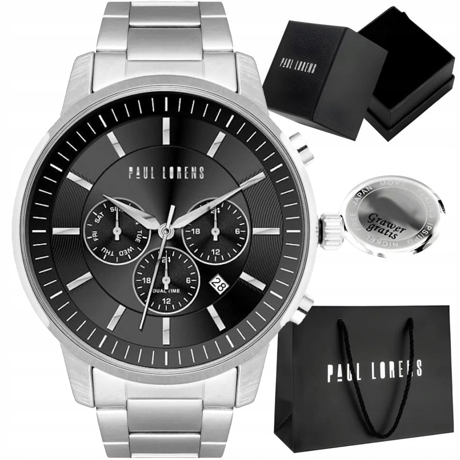 Pánské hodinky Paul Lorens Tornar, ocelový náramek datumovka S Gravírováním