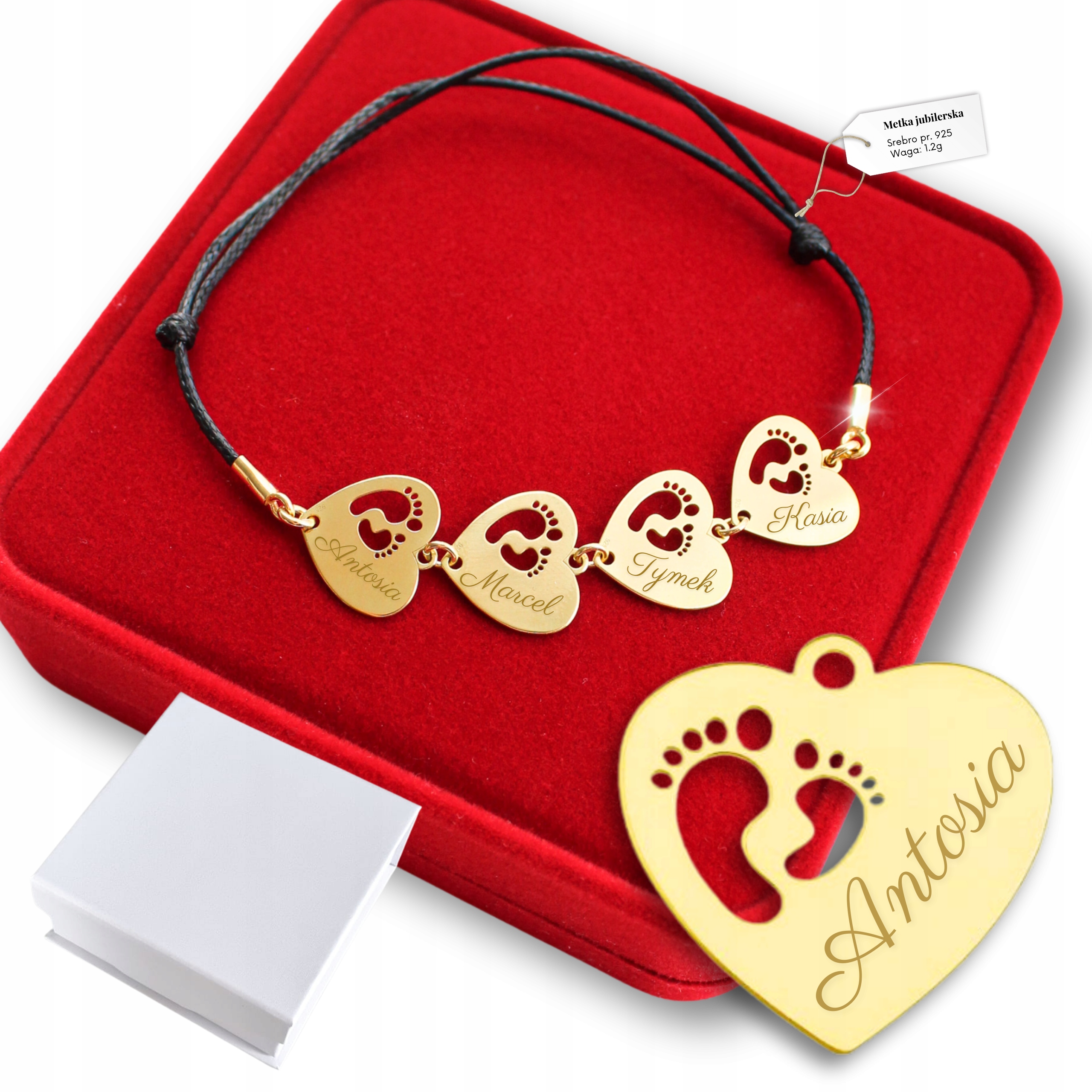 Zlatý náramek 925 Gravírování Srdce Stopy Máma Čtyři Srdce jako Dárek