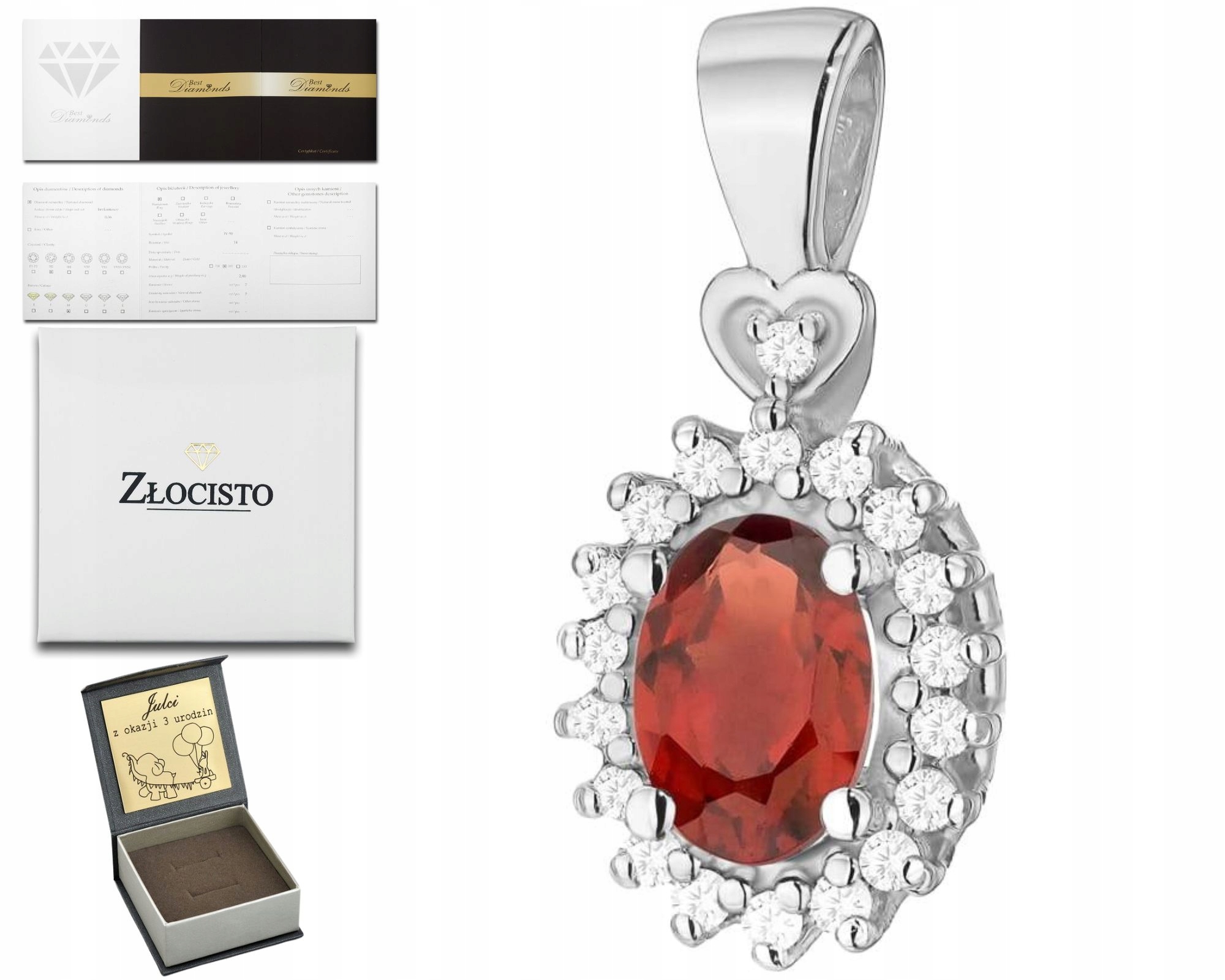 Bílé Zlato Přívěsek S Briliantem A Granátem 585 Dárek Gravírování