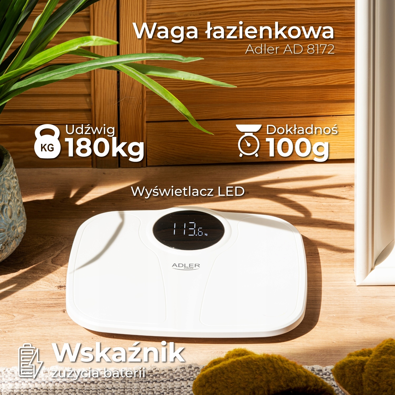 Waga łazienkowa AD8172 biała - 180kg, dokładna, LED, automatyczne tarowanie