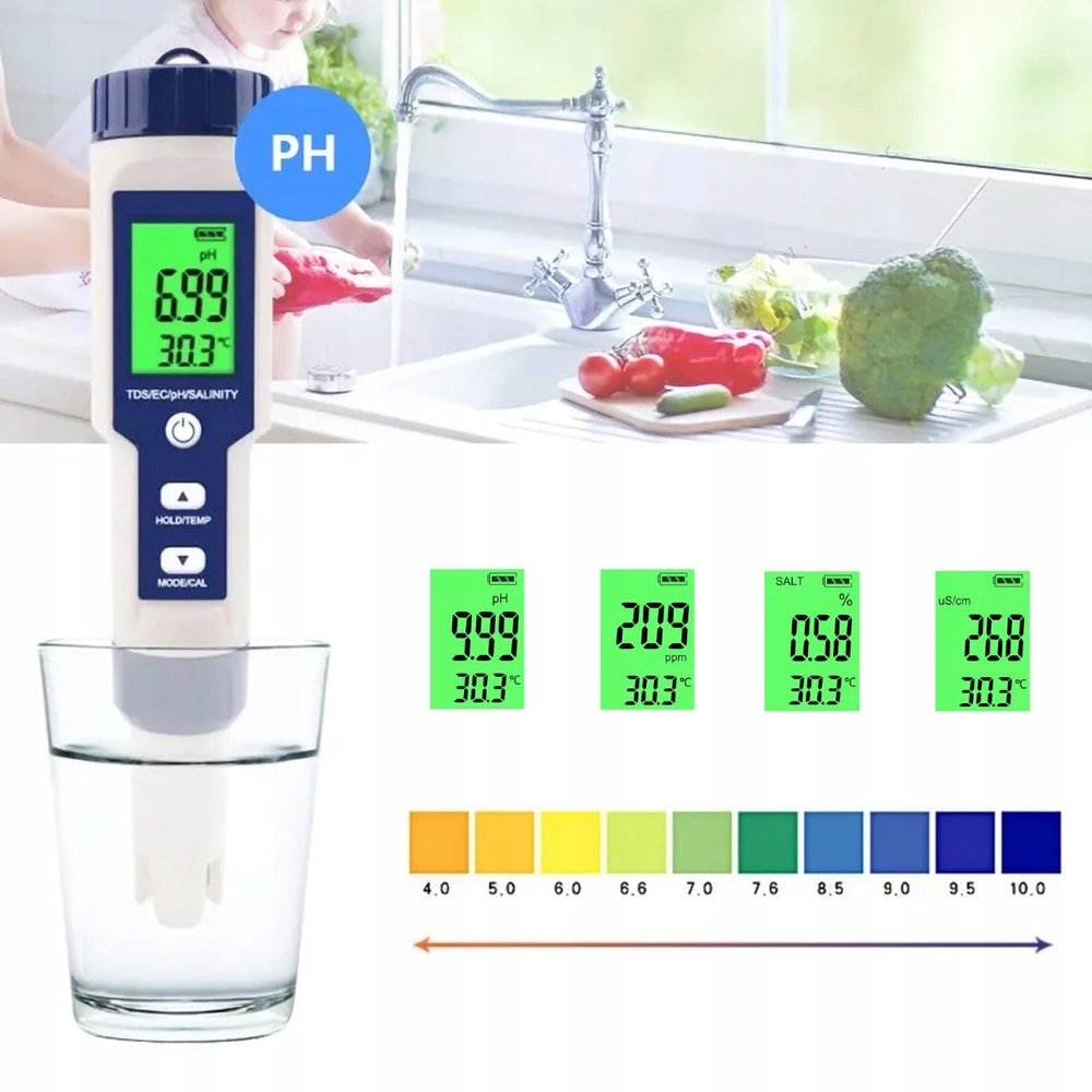 Tester Miernik Jakości Wody 5W1 Ph Ec Tds Temp Zasolenie Wielorazowy